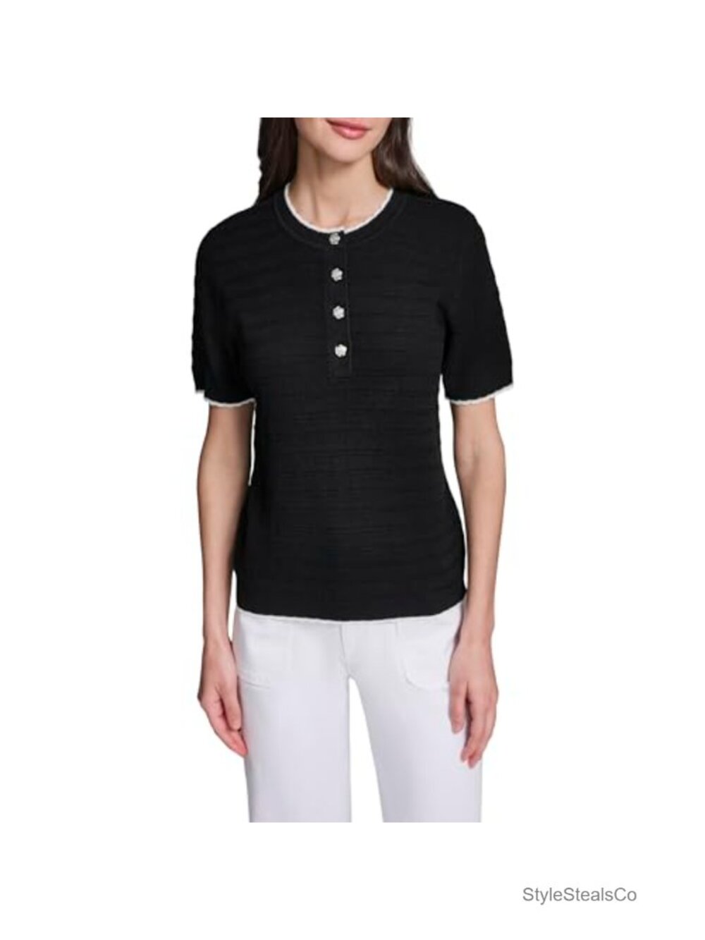 Karl Lagerfeld Women's Crew Neck Sweater Pullover Button Closure